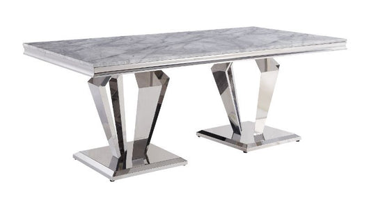 Satinka - Dining Table - Light Gray Printed Faux Marble Top & Mirrored Silver