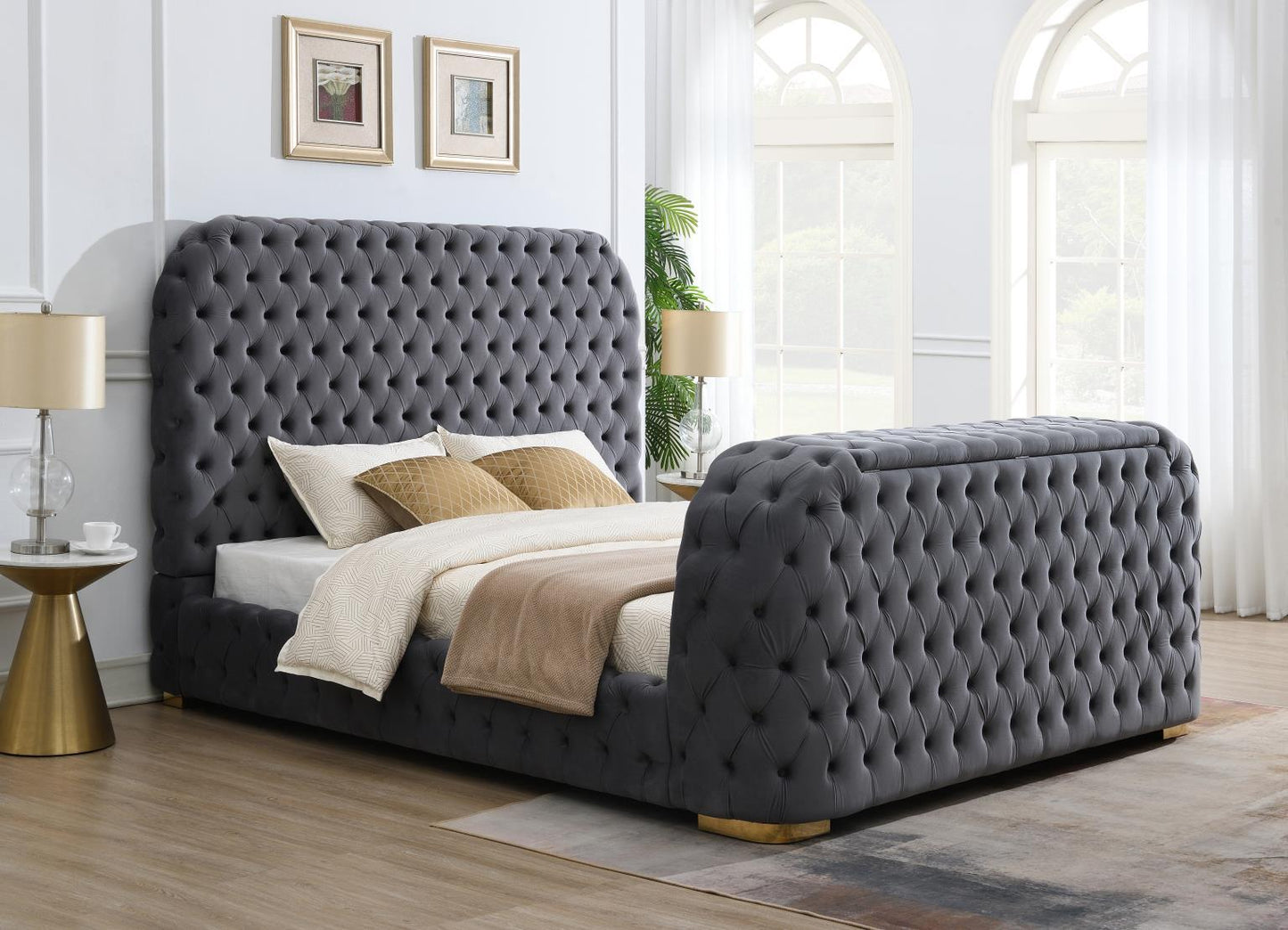 B541 - Velvet Bed With Fireplace, TV Mount & Bluetooth Speaker & USB