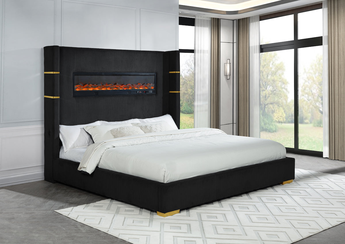 3-Pc Velvet Bluetooth Fireplace Platform Bed