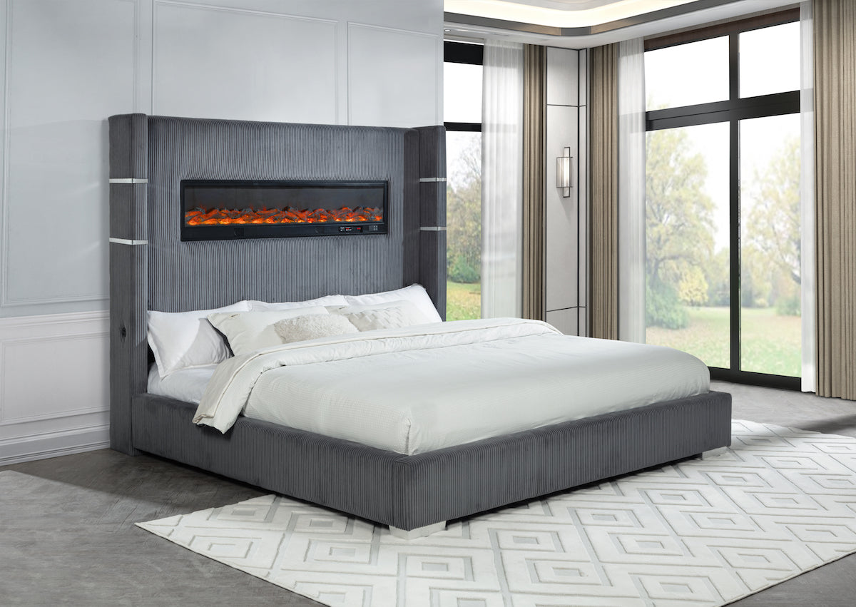 3-Pc Velvet Bluetooth Fireplace Platform Bed