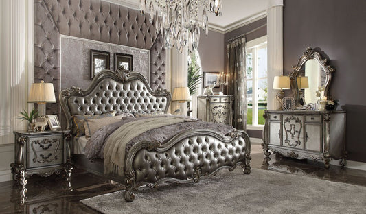 Versailles II - Queen Bed - Silver Synthetic Leather & Antique Platinum