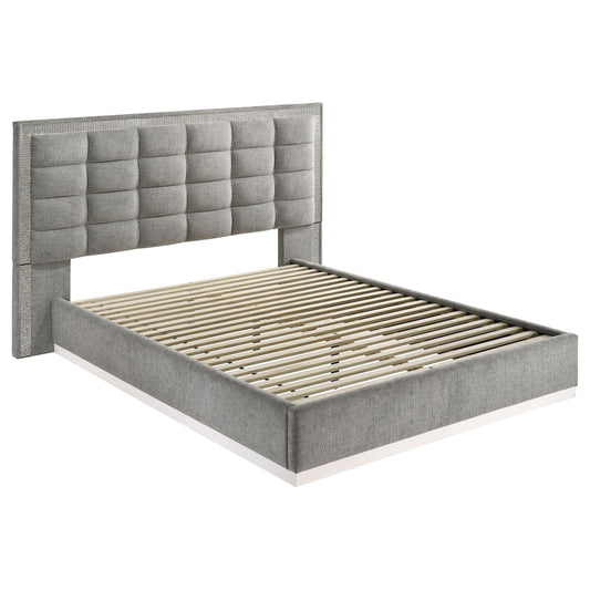 Viana Eastern King Chenille Platform Bed Grey and White High Gloss