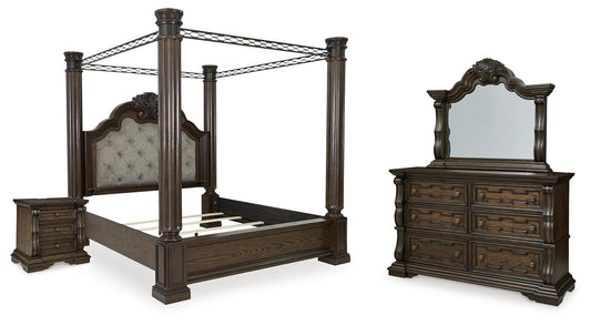 Maylee Queen Canopy Bed, Dresser, Mirror and Nightstand