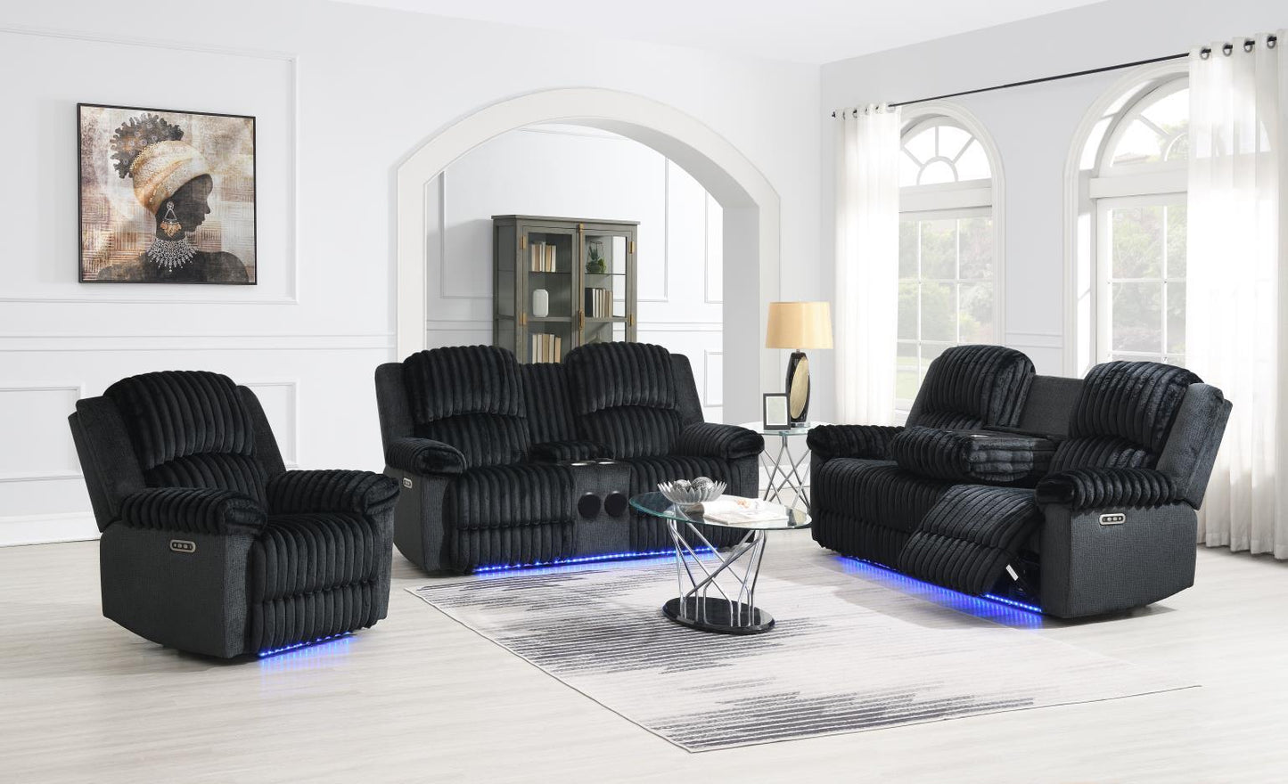 U161 - Corduroy Power LED Reclining Chair - Black