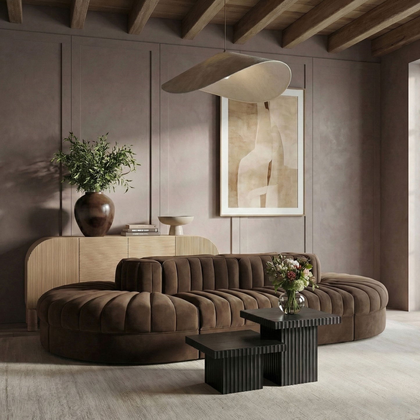 Rummi - Oval Velvet Performance Fabric Upholstered 8 Piece Modular Sectional
