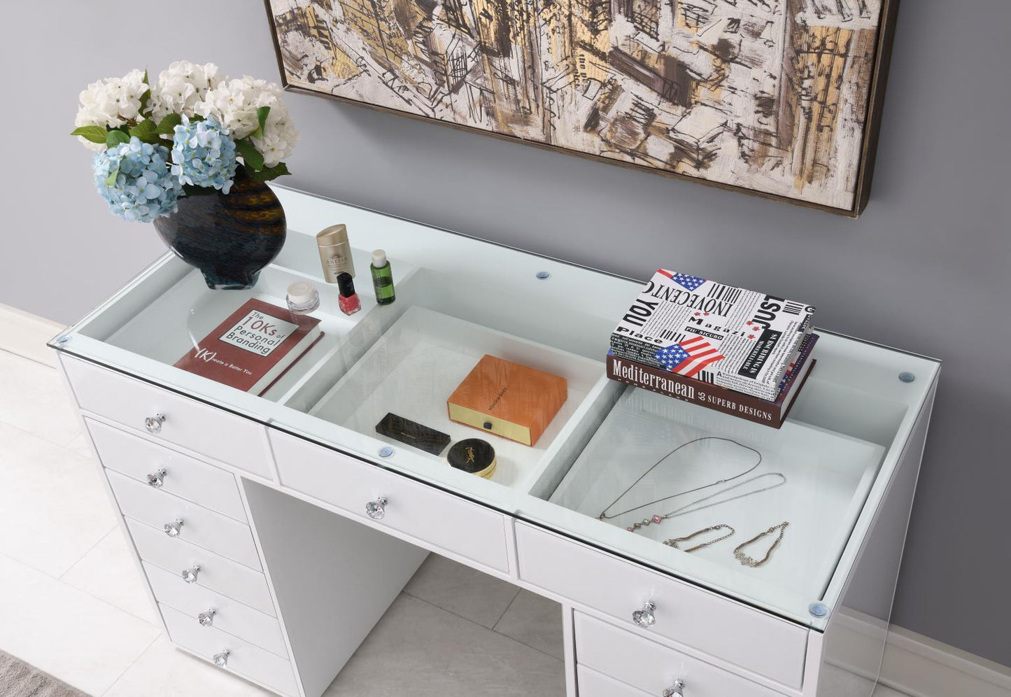G-315 - Glamour Vanity Set (MDF Dresser + Mirror Bluetooth Speaker With Lights) - White