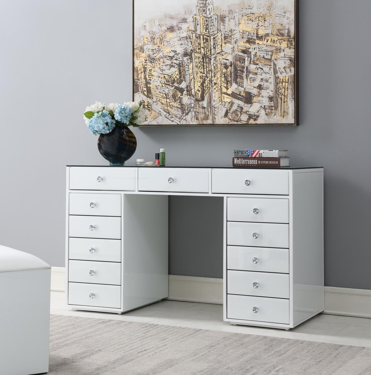 G-315 - Glamour Vanity Set (MDF Dresser + Mirror Bluetooth Speaker With Lights) - White