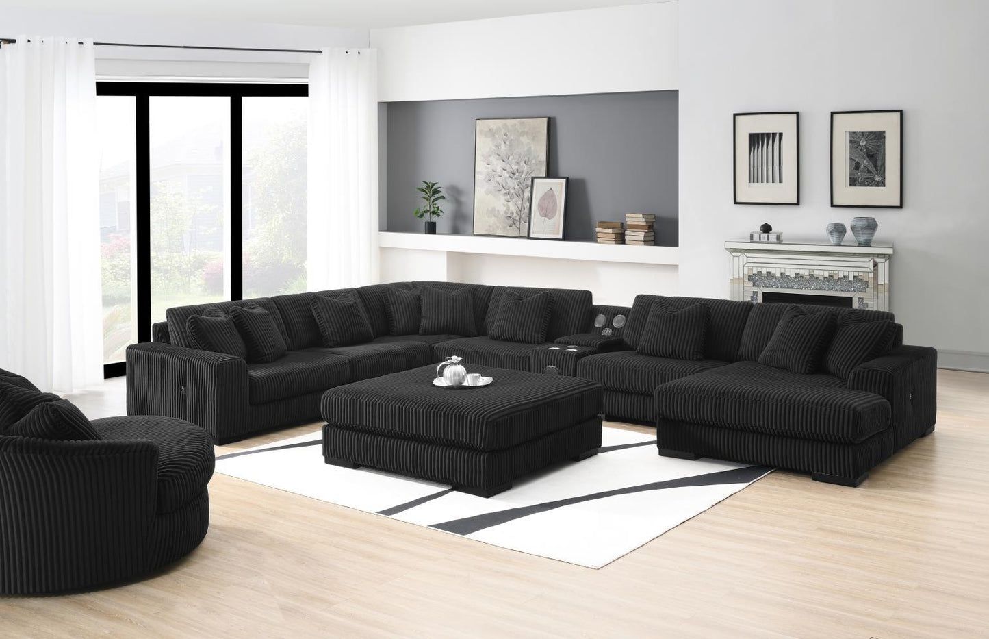 U242 - 7 Piece Setional With Right Chaise (1 RAF Chaise + 3 Armless Chair + 1 LAF + 1 Wedge + 1 Console) - Without Ottoman - Black