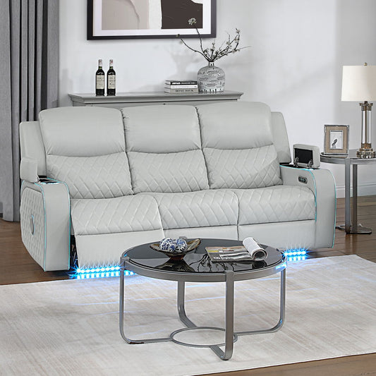 Elonzo - Power Motion Sofa With LED, Power Headrest & Speaker - Light Gray
