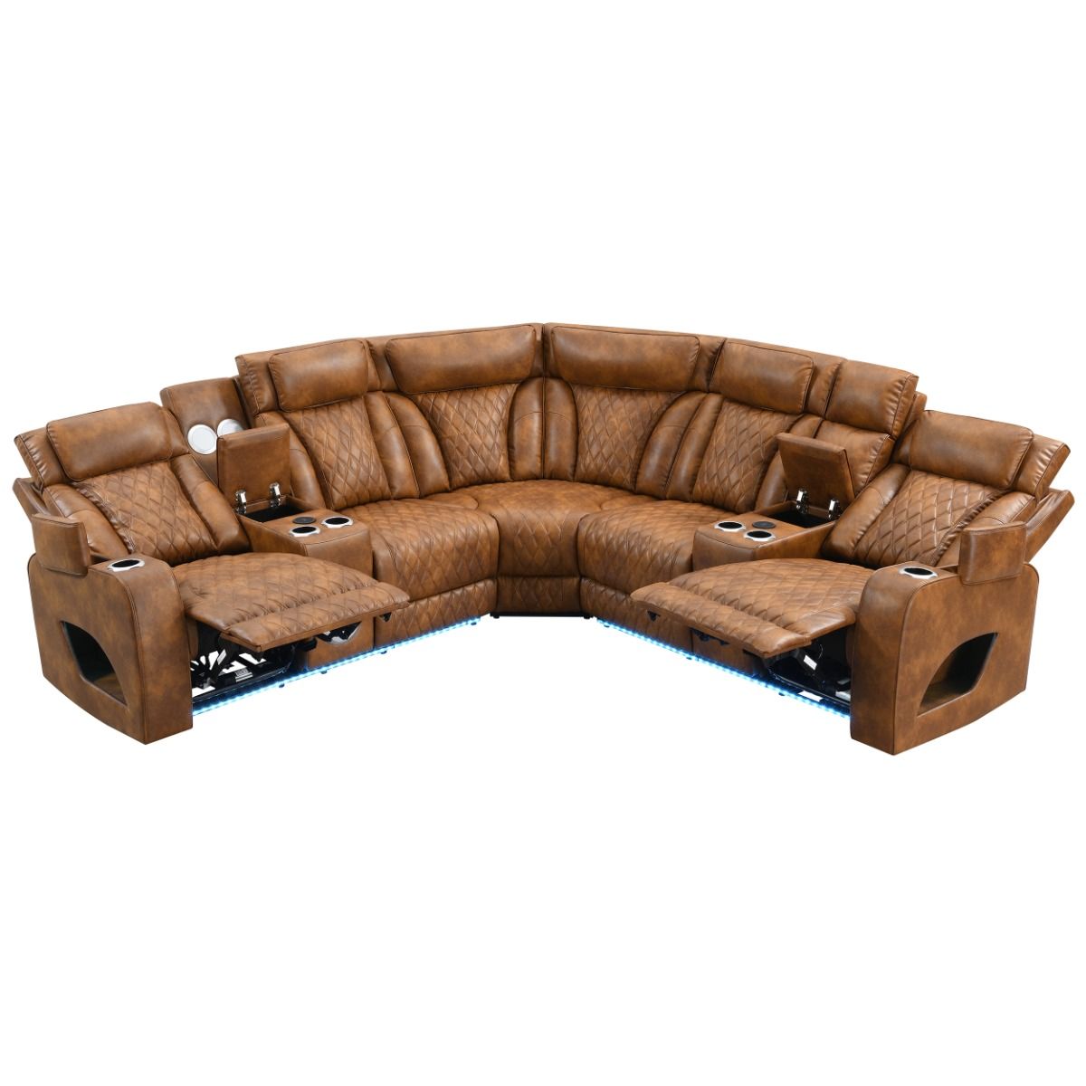Taddeo - Power Motion Sectional Sofa With Power Headrest, Massage & LED - Two Tone Brown Leatherette