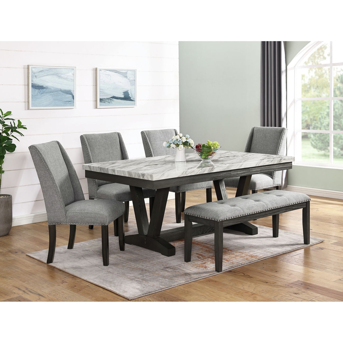 Everdeen - Bench With Gray Fabric and Nail Heads - Charcoal