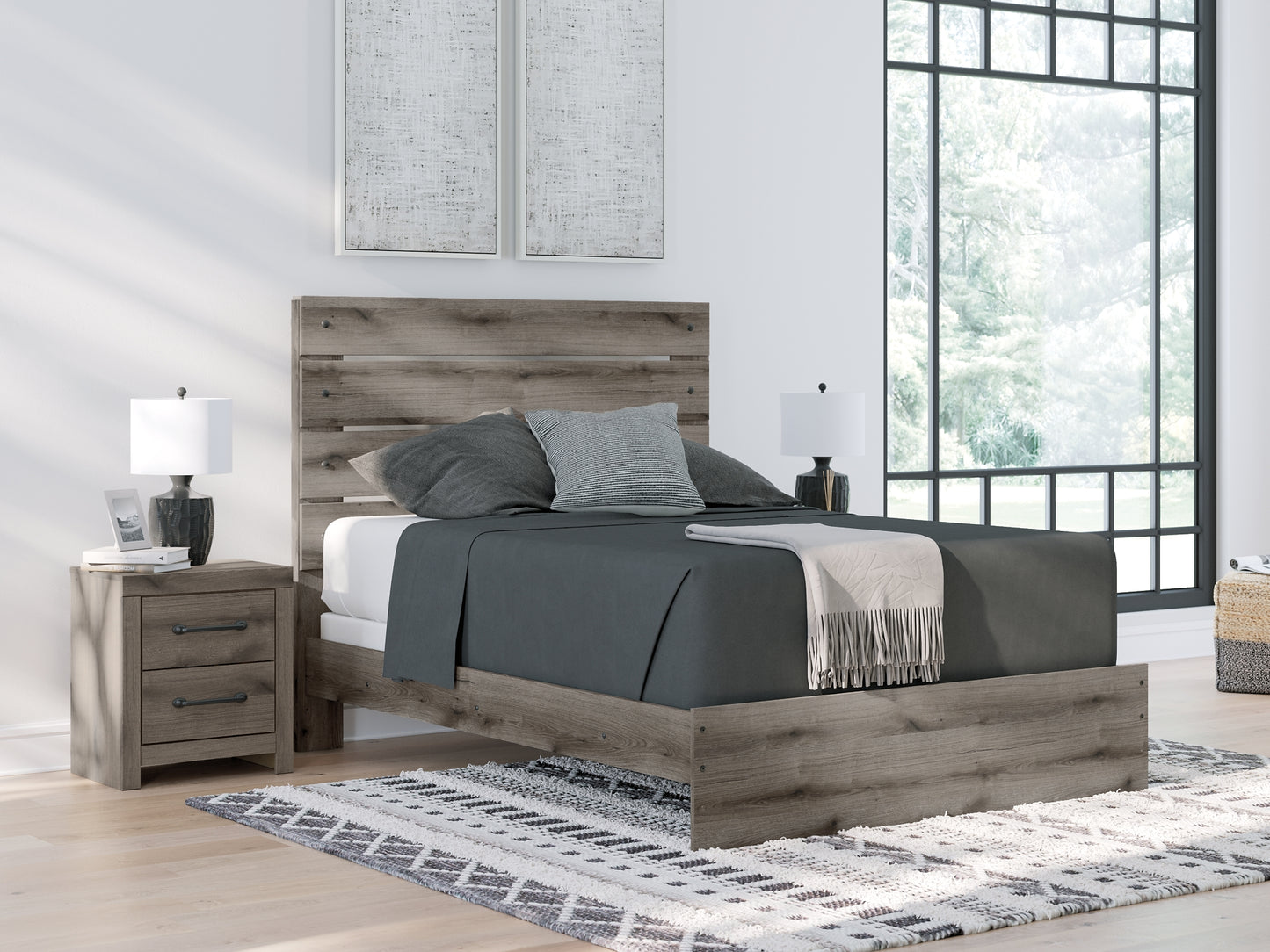 Graystorm Queen Panel Bed with Mirrored Dresser and Nightstand