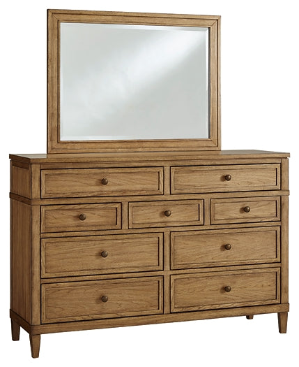 Sharlance King Upholstered Panel Bed, Dresser and Mirror