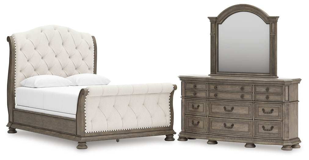 Ardenfield Queen Upholstered Sleigh Bed, Dresser and Mirror