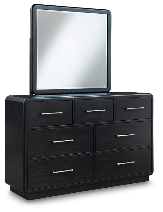 Rowanbeck King Upholstered Panel Bed, Dresser, Mirror and Nightstand