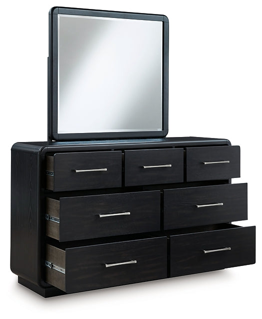 Rowanbeck King Upholstered Panel Bed, Dresser, Mirror and Nightstand