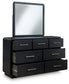 Rowanbeck King Upholstered Panel Bed, Dresser, Mirror and Nightstand