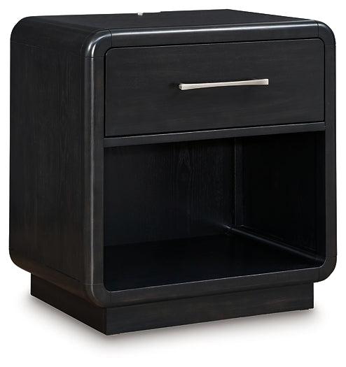 Rowanbeck King Upholstered Panel Bed, Dresser, Mirror and Nightstand