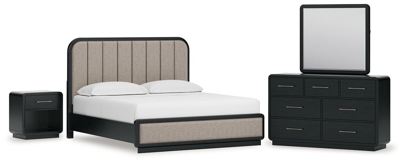Rowanbeck King Upholstered Panel Bed, Dresser, Mirror and Nightstand