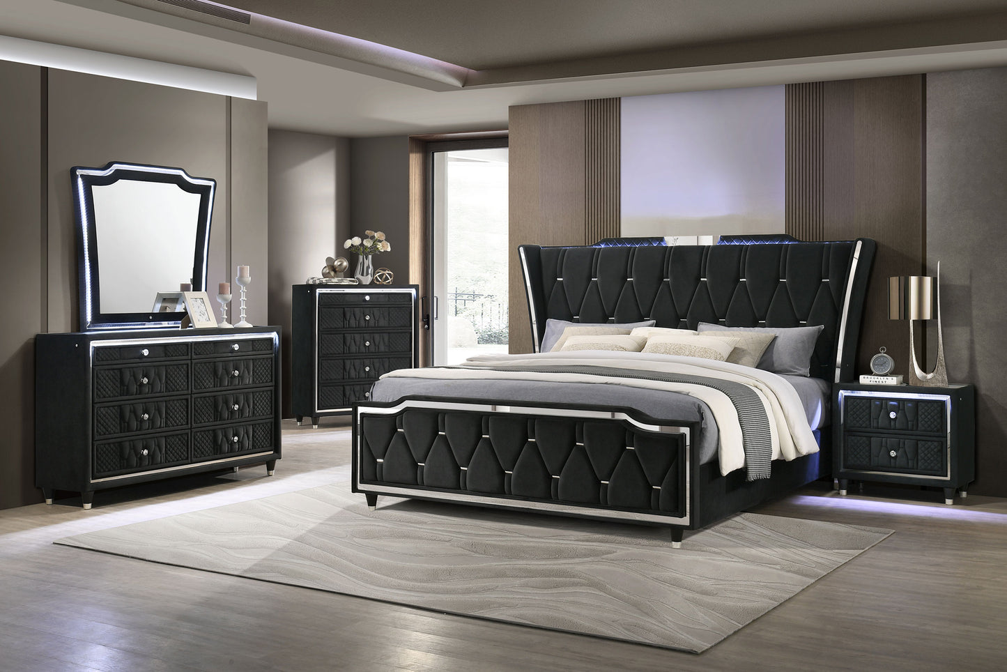 Lorient Eastern King LED Upholstered Bed Black