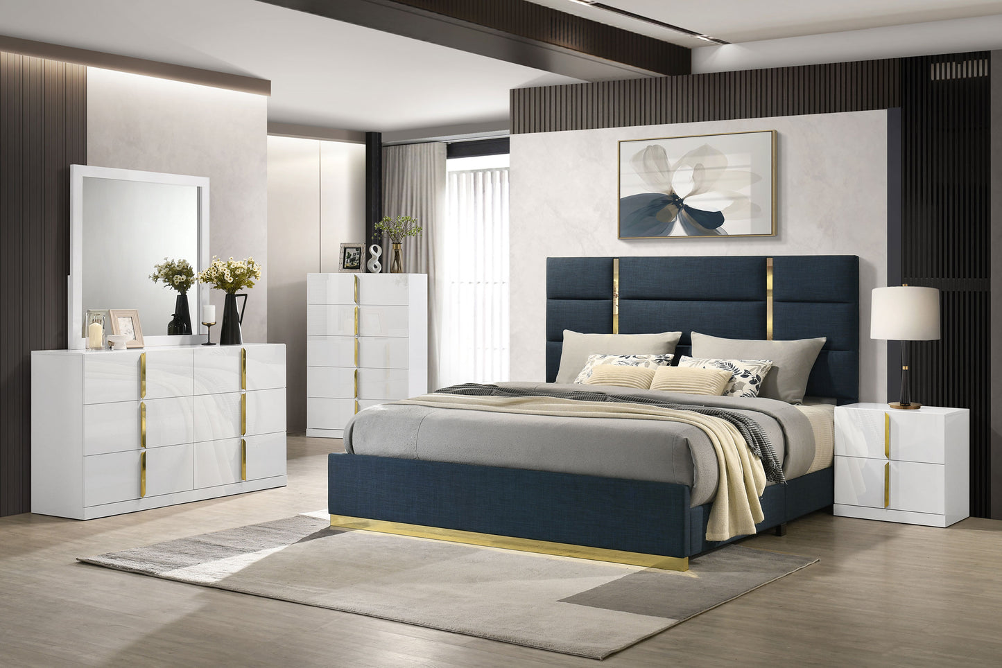 Ines 56-inch Fabric Upholstered Queen Panel Bed Navy