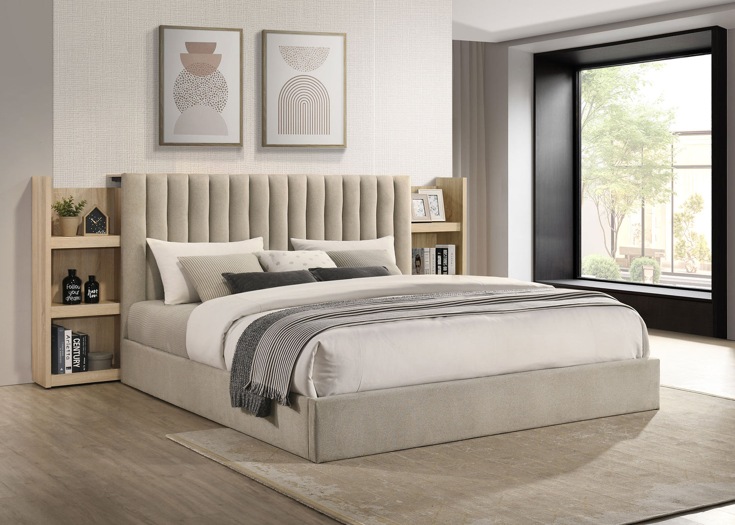 Arielle Eastern King Bookcase Panel Storage Bed Light Oak