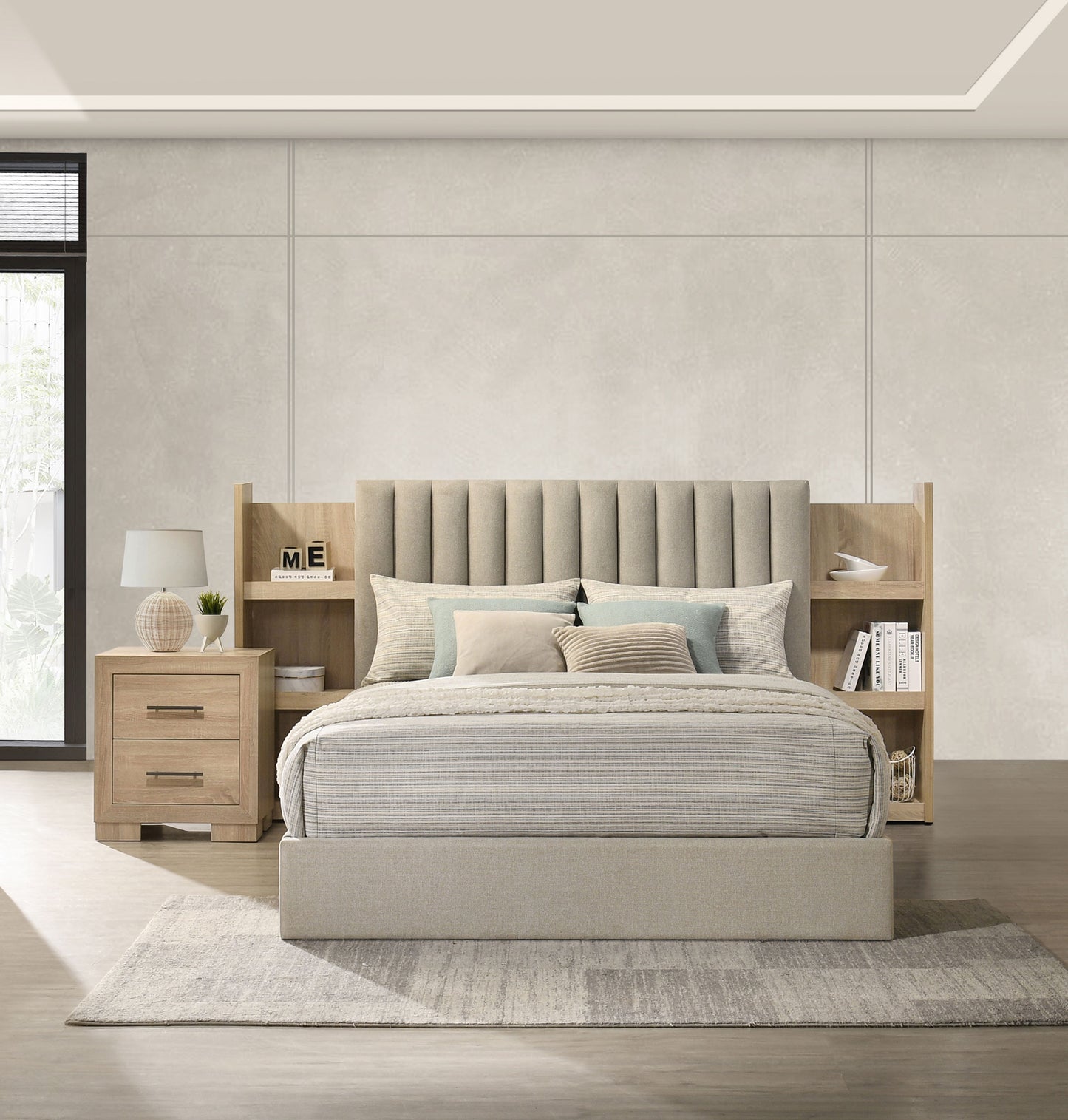 Arielle Queen Bookcase Panel Storage Bed Light Oak