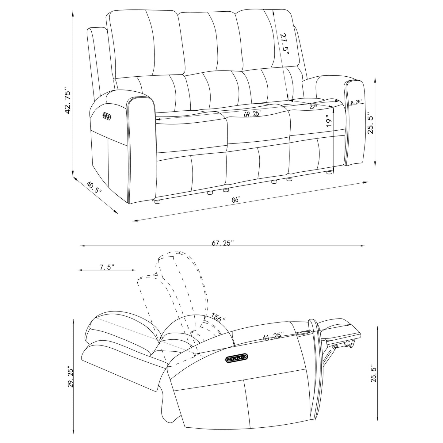 Brickston Triple Power Reclining Sofa Charcoal