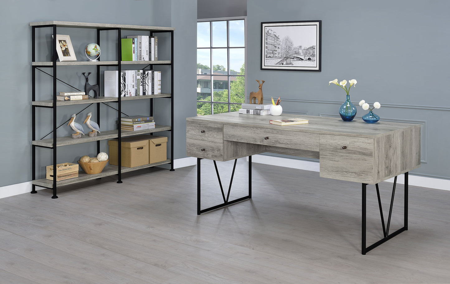 Analiese 63-inch 4-shelf Double Bookshelf Grey Driftwood
