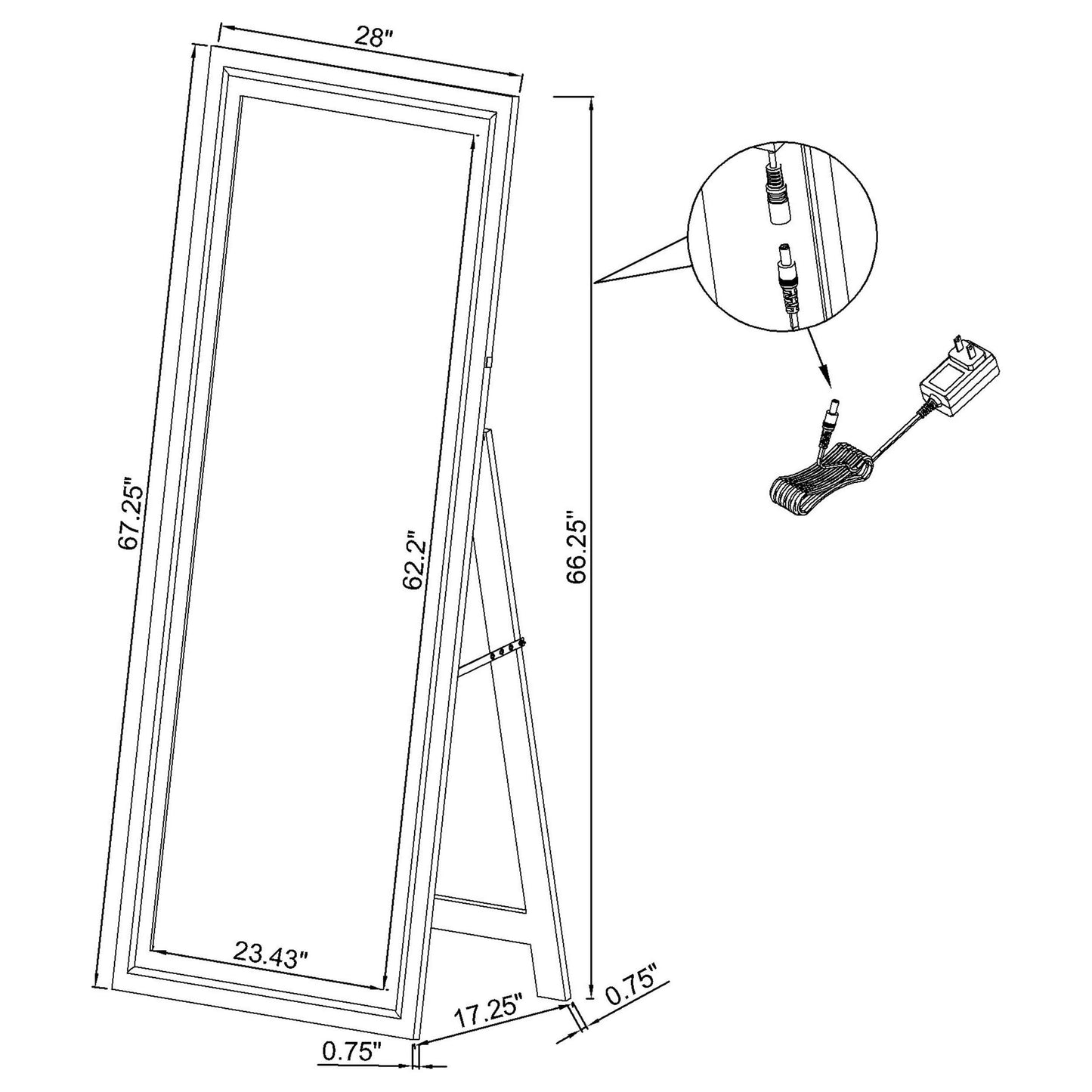 Windrose 28 x 67 Inch Tempered LED Standing Mirror Black