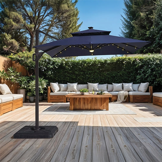 Xico - 8 Ft Square Umbrella w/ Double Top w/ LED Light + 37" Large Base