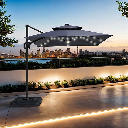 Xico - 8 Ft Square Umbrella w/ Double Top w/ LED Light + 37" Large Base