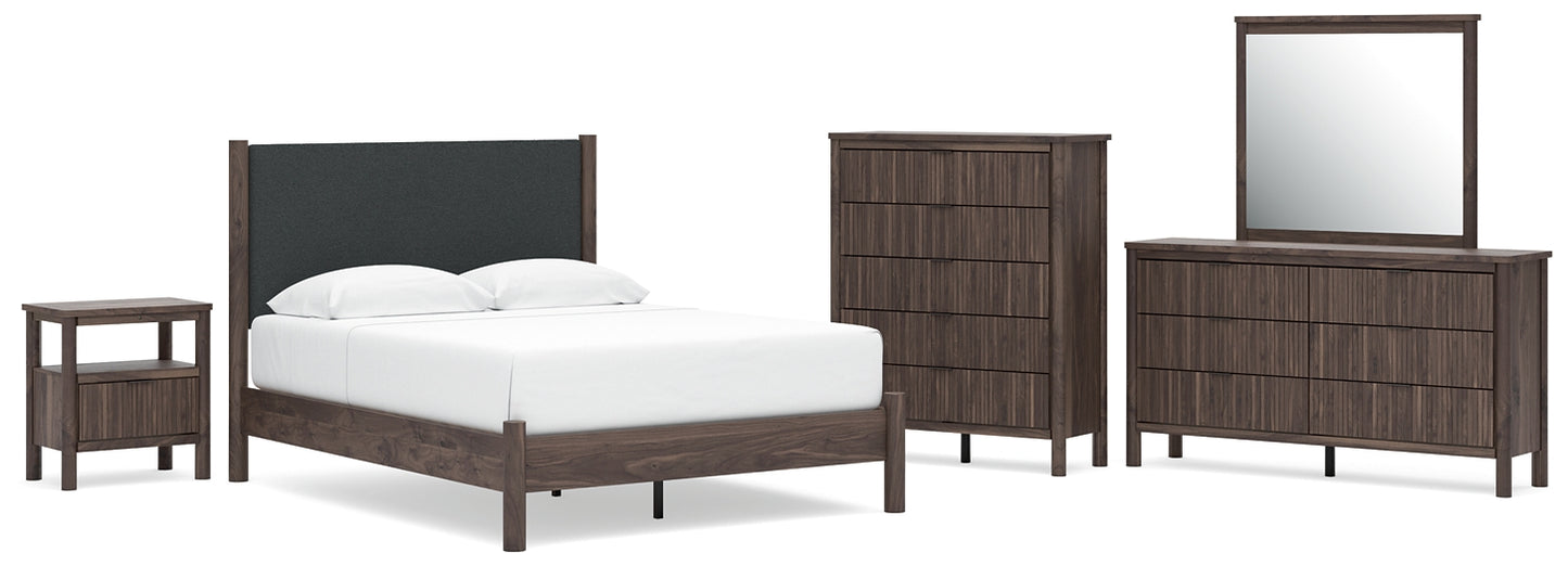 Pamytta Queen Upholstered Panel Platform Bed, Dresser, Mirror, Chest and Nightstand