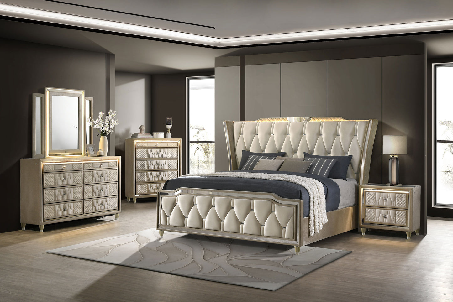 Lorient California King LED Upholstered Bed Ivory and Camel