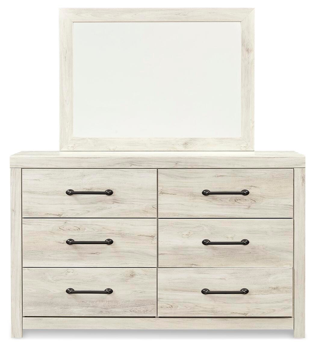 Cambeck Queen Panel Bed with 2 Storage Drawers with Mirrored Dresser