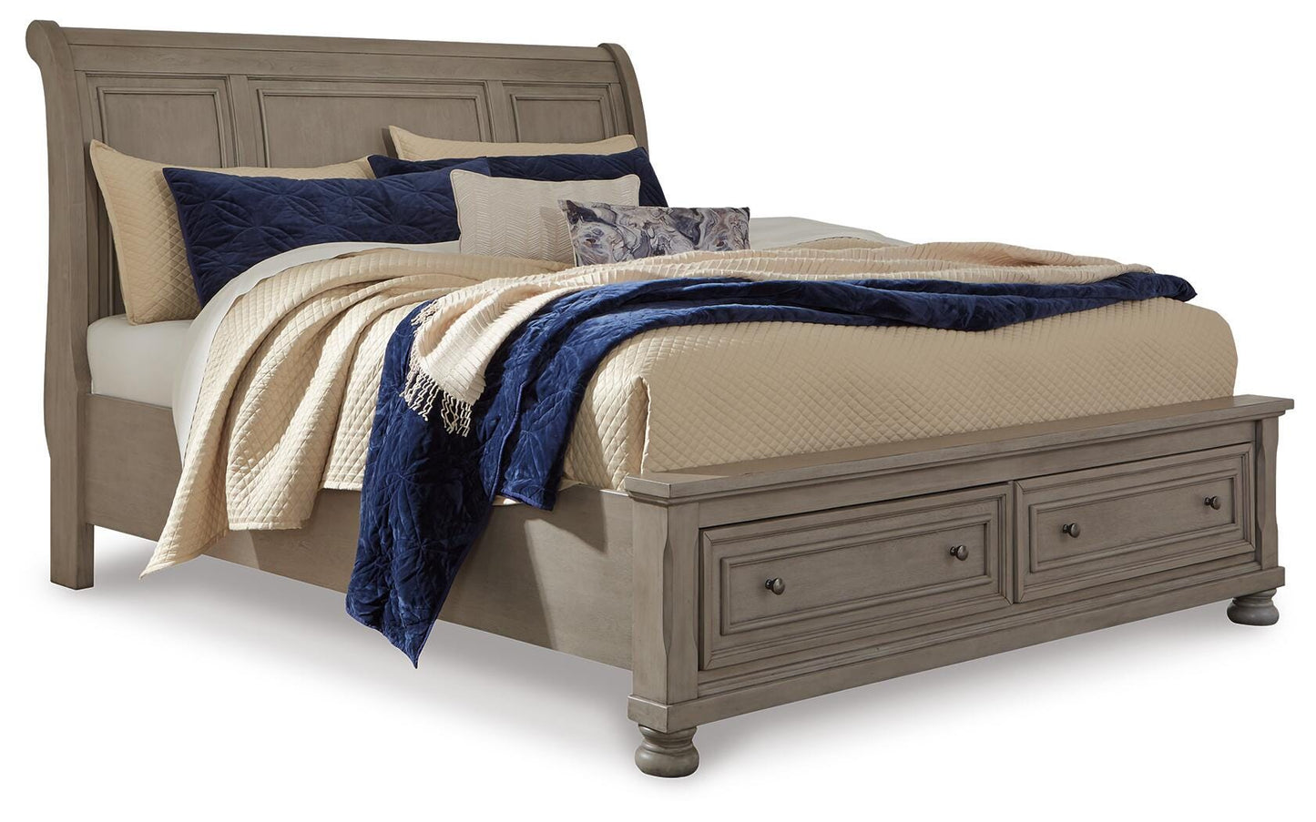 Lettner Queen Sleigh Bed with 2 Storage Drawers with Mirrored Dresser
