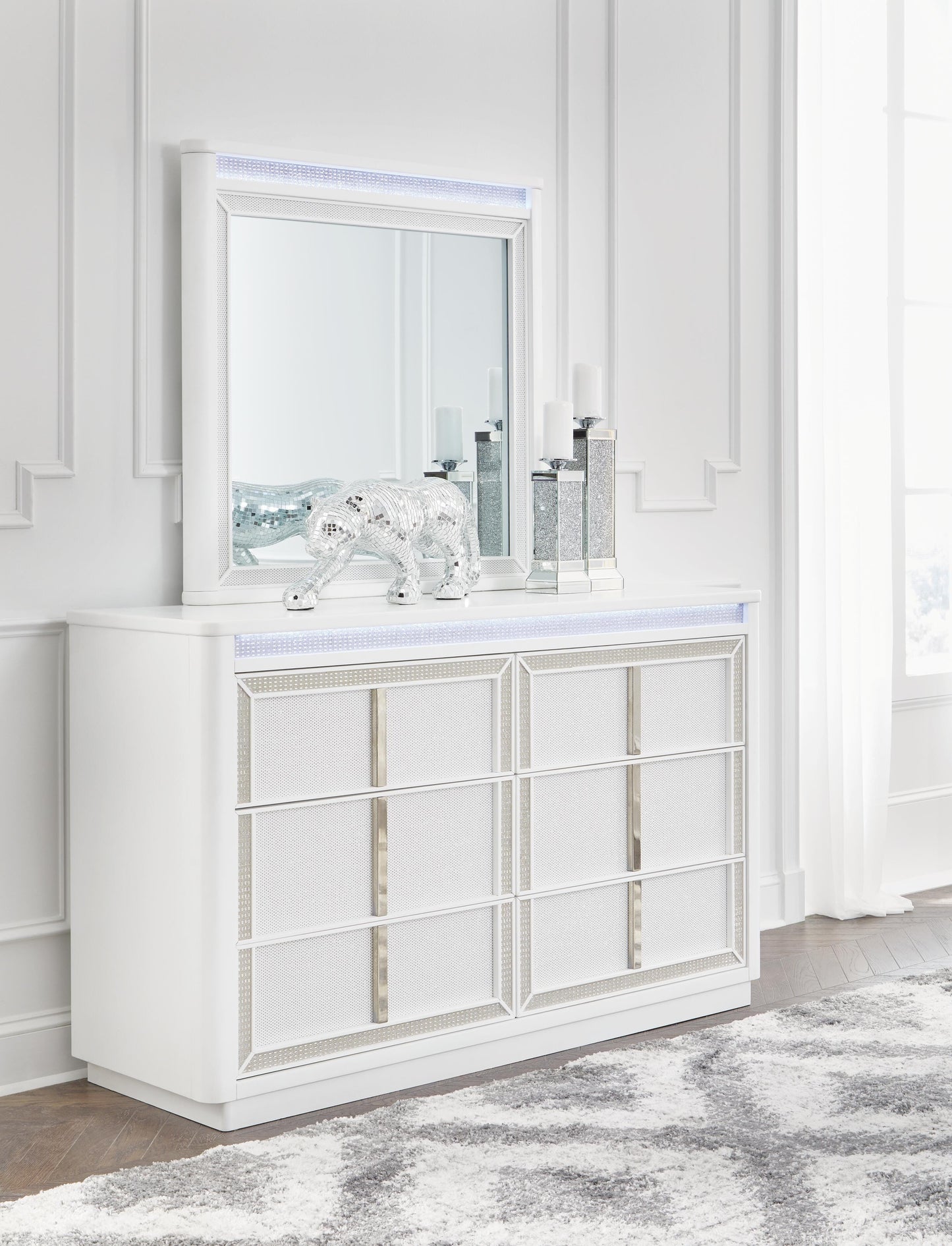 Chalanna Queen Upholstered Storage Bed, Dresser, Mirror, Chest and Nightstand