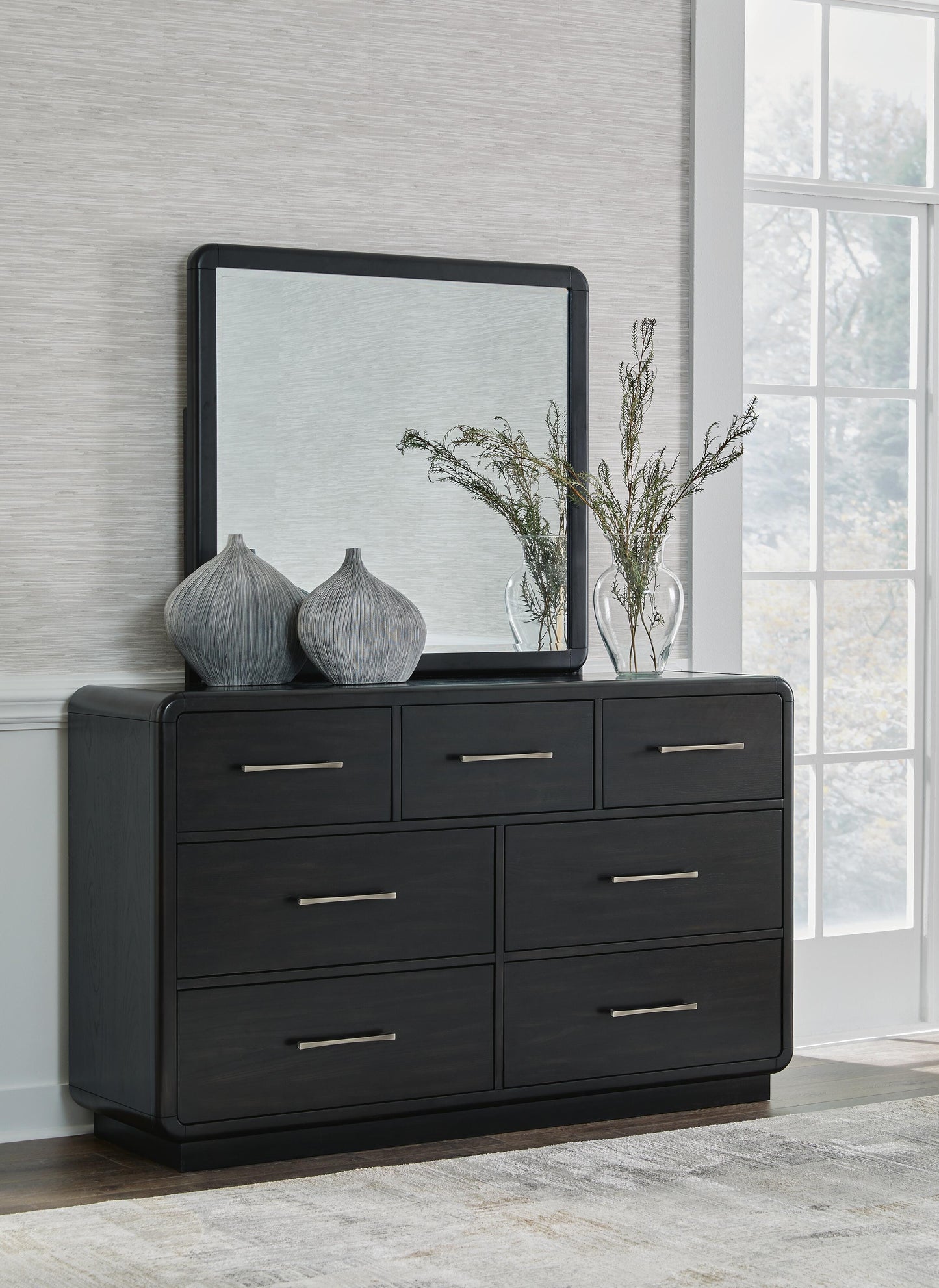 Rowanbeck California King Upholstered Panel Bed, Dresser, Mirror, Chest and Nightstand