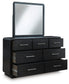 Rowanbeck King Upholstered Panel Bed, Dresser, Mirror, Chest and Nightstand