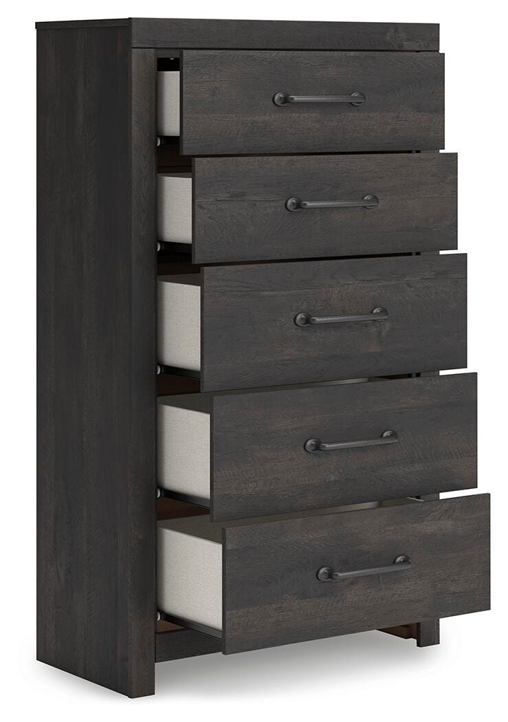 Hollivern Twin Panel Bed with Storage, Dresser, Mirror, Chest and Nightstand