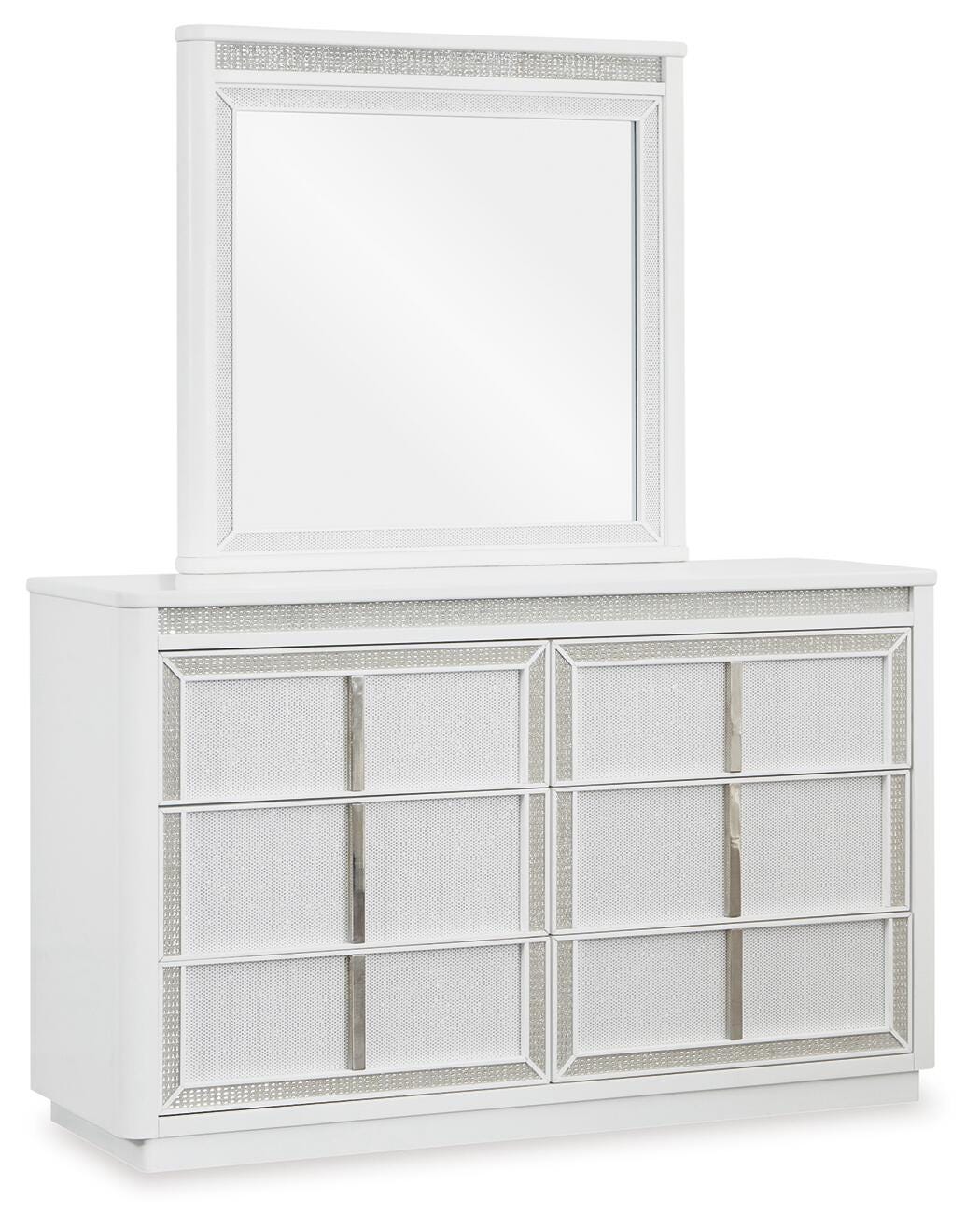 Chalanna King Upholstered Storage Bed, Dresser, Mirror and Nightstand