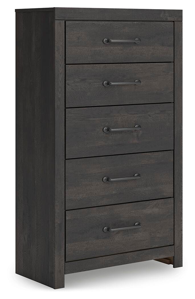 Hollivern King Panel Bed, Dresser, Mirror, Chest and Nightstand