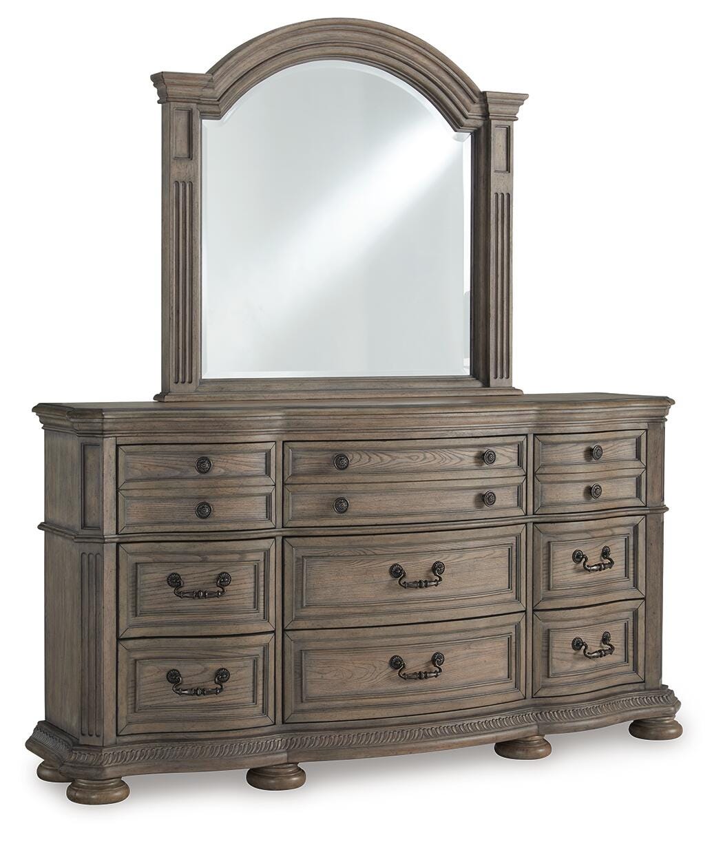 Ardenfield Queen Upholstered Sleigh Bed, Dresser and Mirror