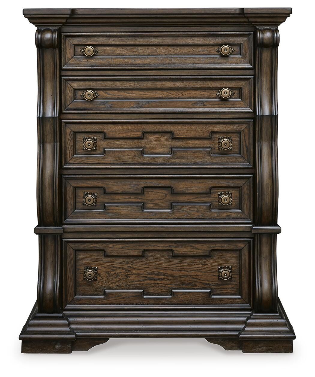Maylee California King Canopy Bed, Dresser, Mirror, Chest and Nightstand