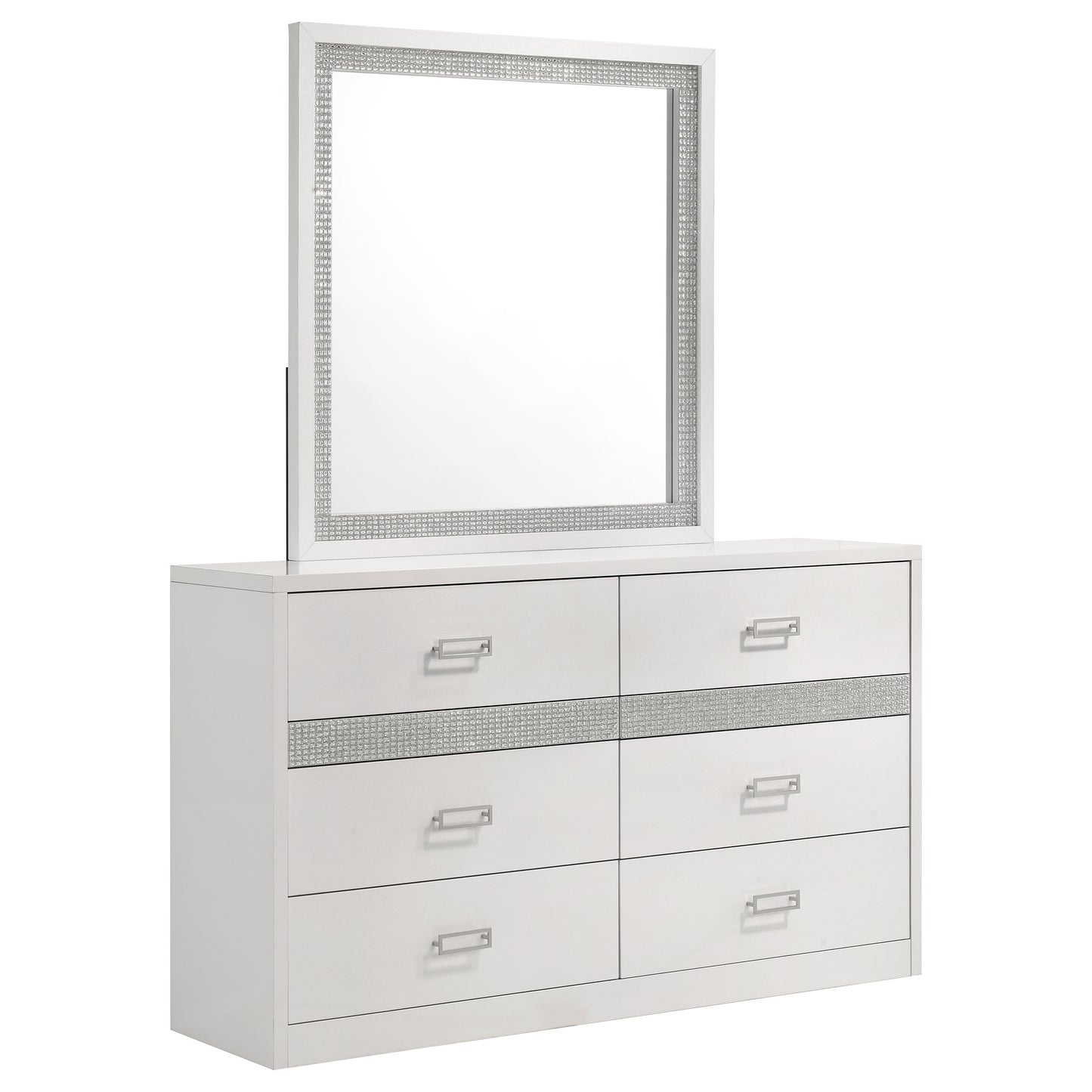 Viana 6-Drawer Bedroom Dresser with Beveled Mirror White High Gloss