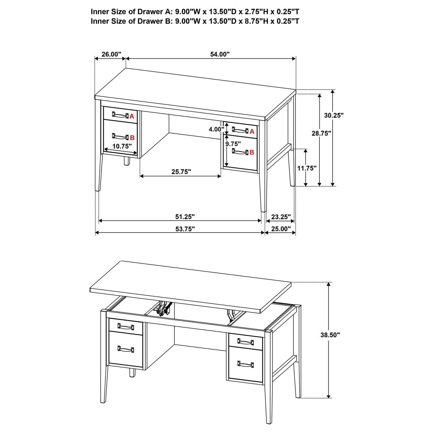 Graham 54-inch 4-drawer Double Pedestal Lift Top Computer Desk Chocolate