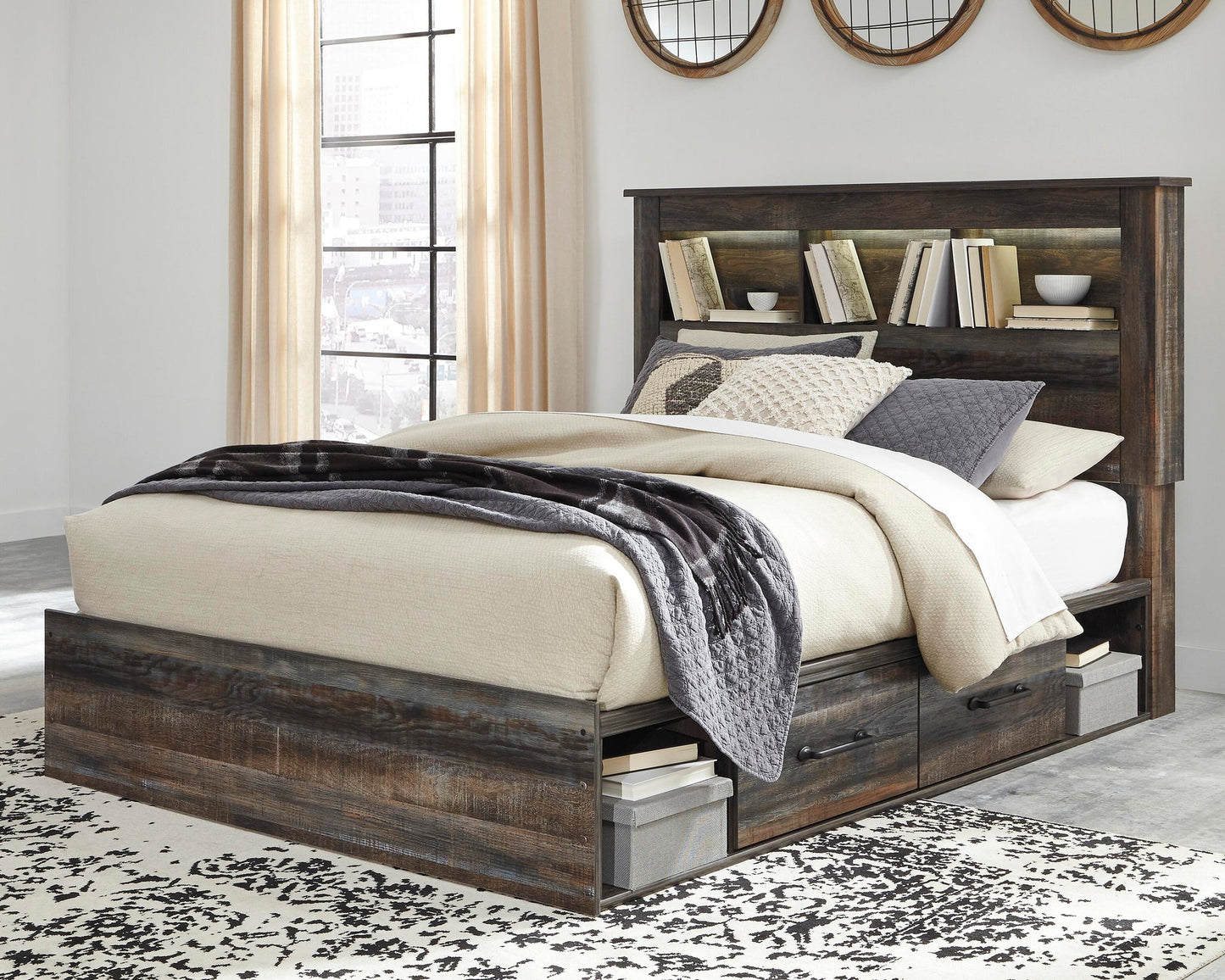 Drystan Queen Bookcase Bed with 2 Storage Drawers with Mirrored Dresser