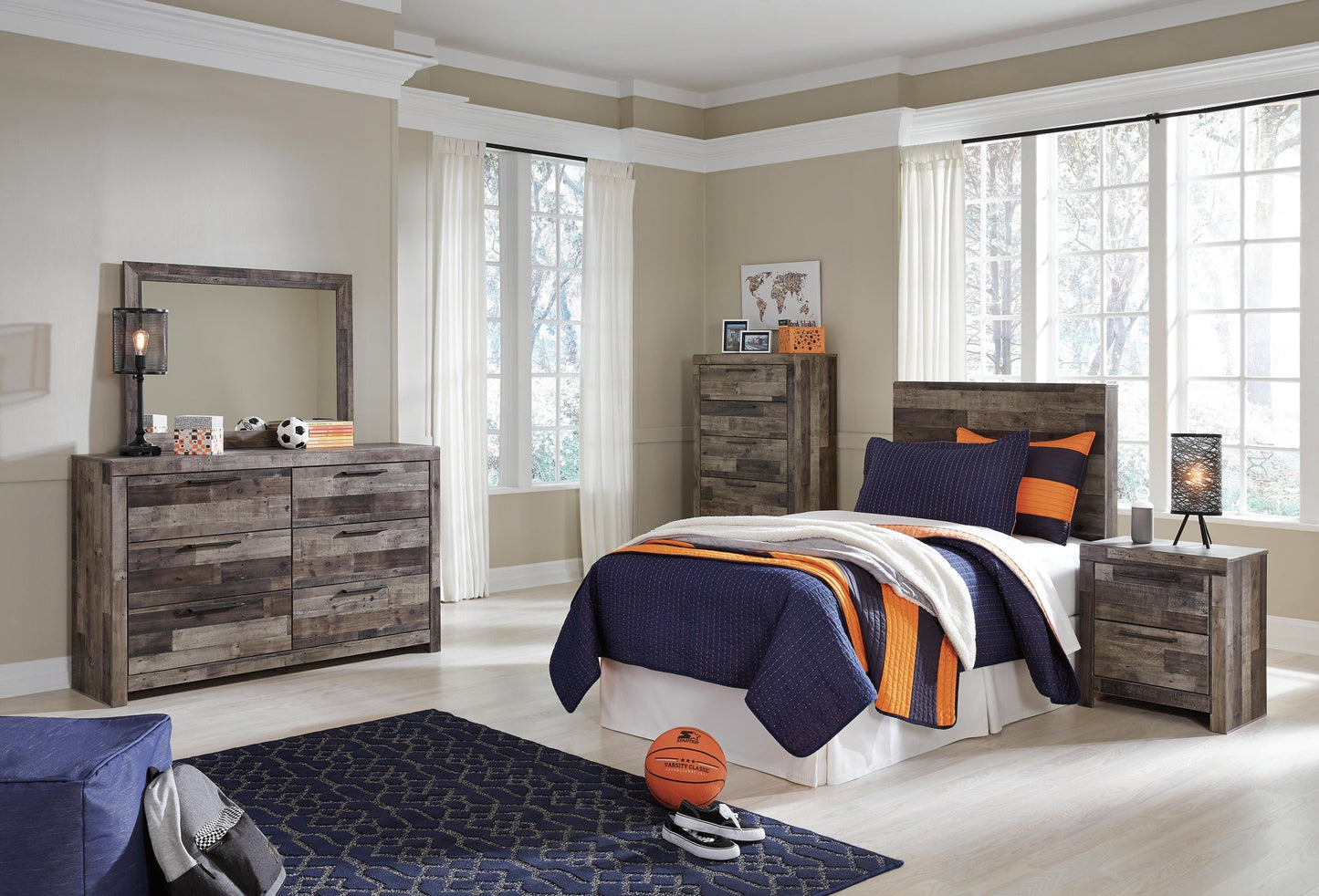 Derekson Twin Panel Headboard Bed with Mirrored Dresser, Chest and Nightstand