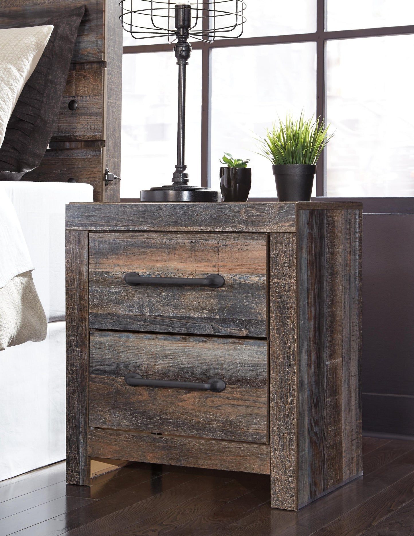 Drystan Queen Panel Bed with 2 Storage Drawers, Dresser, Mirror, Chest and Nightstand