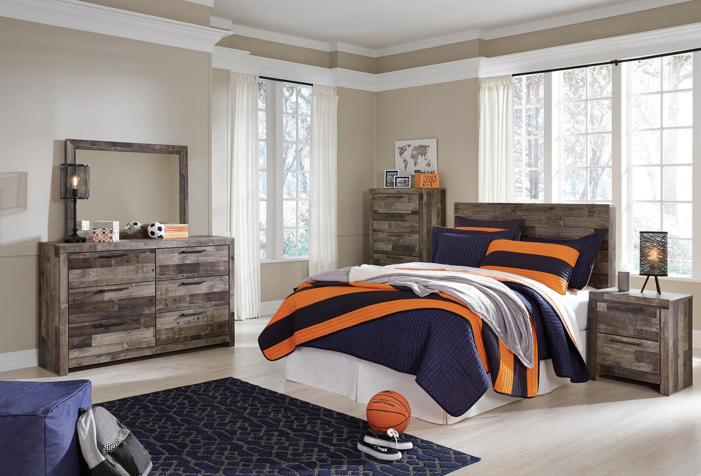Derekson Full Panel Headboard Bed with Mirrored Dresser, Chest and Nightstand